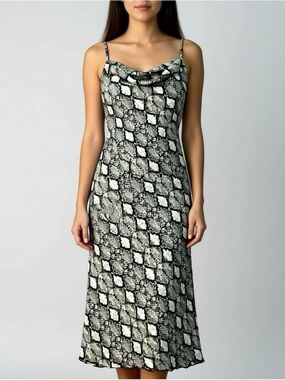 Bebe Slip Dress Size Small Satin Cowl Drape Neckline Midi Y2K Snake Print USA